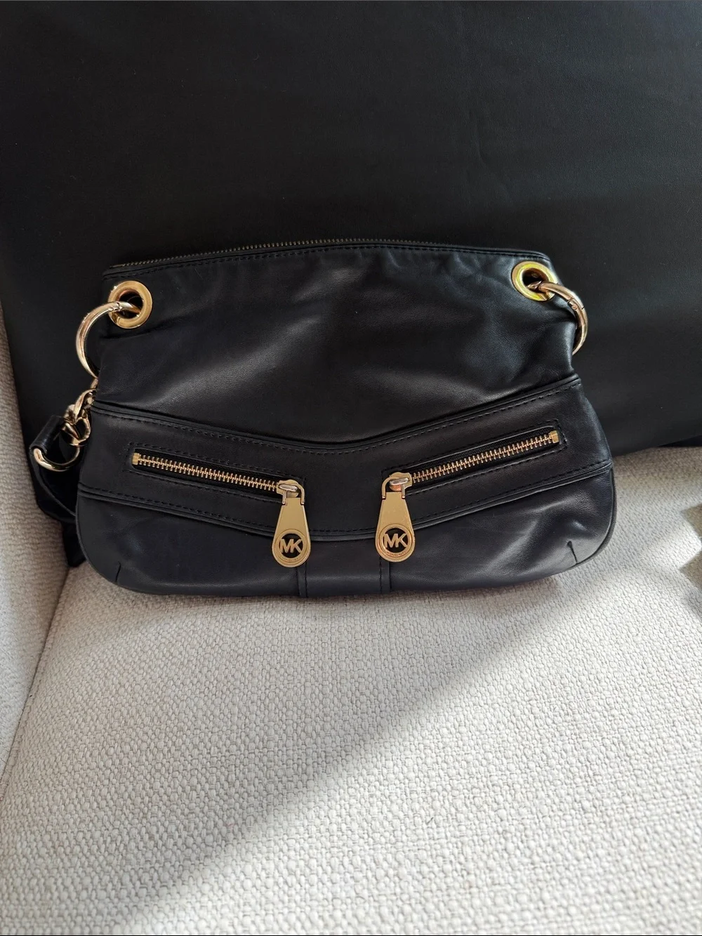 Michael Kors Black Leather Shoulder Bag with Gold Hardware